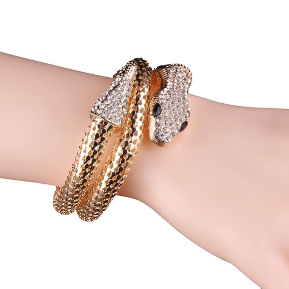 Gold Snake Coil Wrap Around Rhinestone Bracelet - Picture 1 of 8